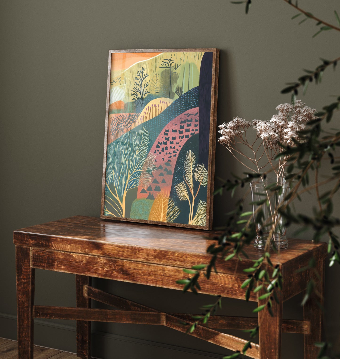 Graphic Landscape Art Print - Orange Sunset Valley Poster - Folk Countryside Illustration - Patterned Hills V4 3/3