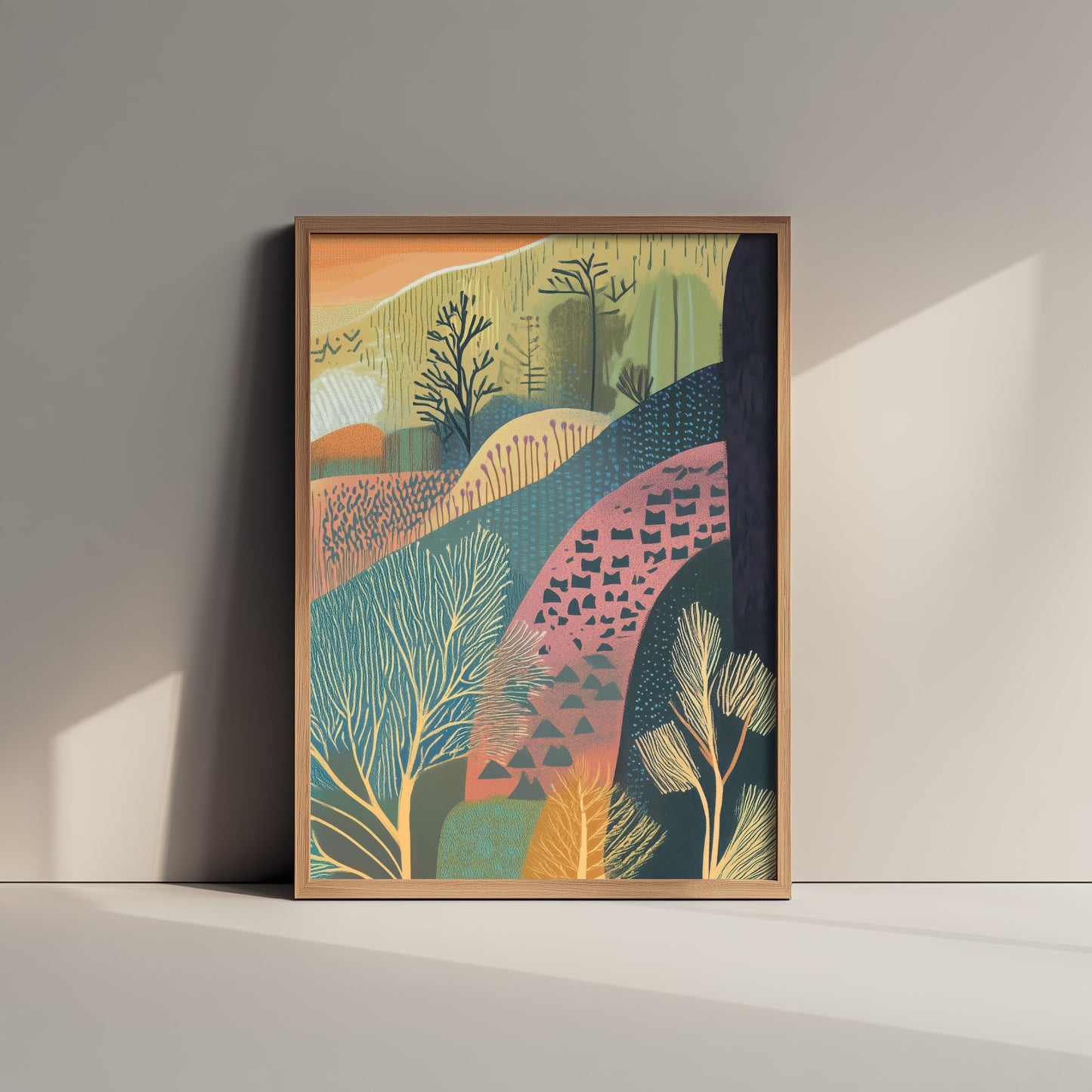 Graphic Landscape Art Print - Orange Sunset Valley Poster - Folk Countryside Illustration - Patterned Hills V4 3/3