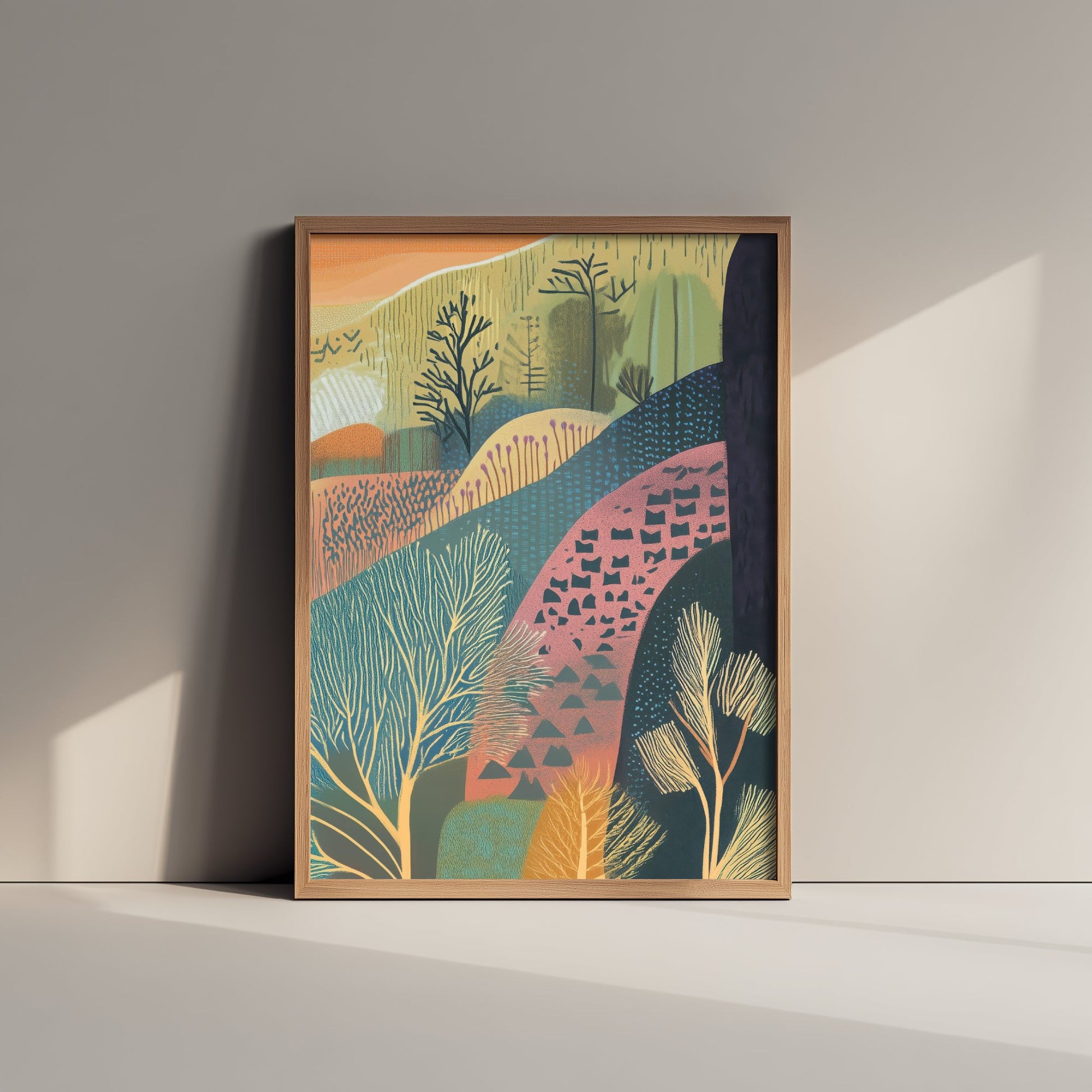 Graphic Landscape Art Print - Orange Sunset Valley Poster - Folk Countryside Illustration - Patterned Hills V4 3/3