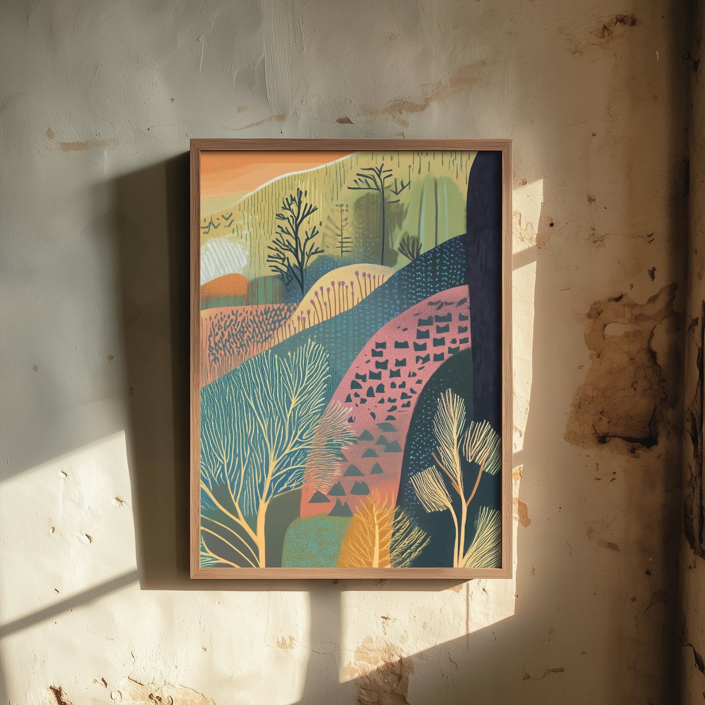 Graphic Landscape Art Print - Orange Sunset Valley Poster - Folk Countryside Illustration - Patterned Hills V4 3/3