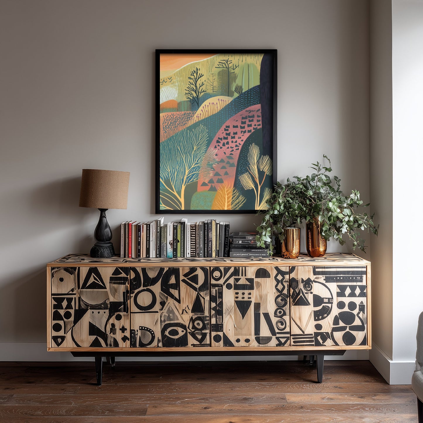 Graphic Landscape Art Print - Orange Sunset Valley Poster - Folk Countryside Illustration - Patterned Hills V4 3/3