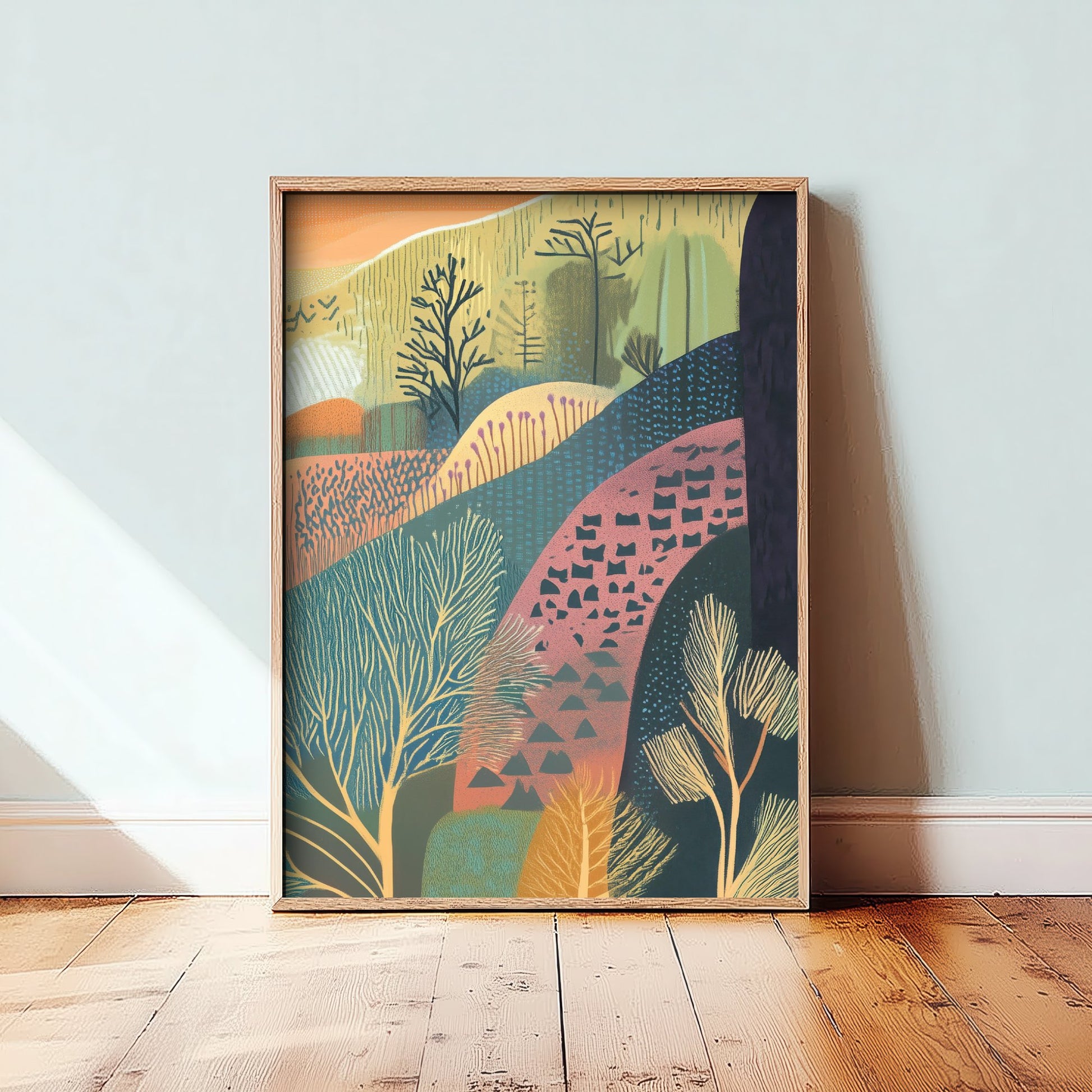 Graphic Landscape Art Print - Orange Sunset Valley Poster - Folk Countryside Illustration - Patterned Hills V4 3/3