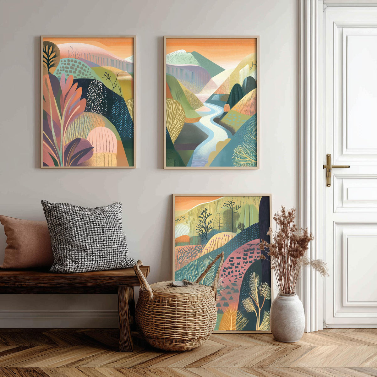 Graphic Landscape Set of Three Art Prints - 3 River Valley Posters - Folk Art Mountain Painting Wall Art Gift Sunset Nature V4