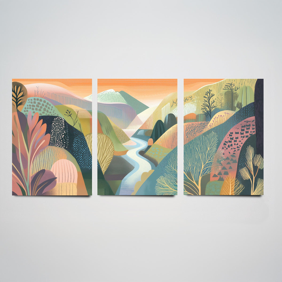 Graphic Landscape Set of Three Art Prints - 3 River Valley Posters - Folk Art Mountain Painting Wall Art Gift Sunset Nature V4