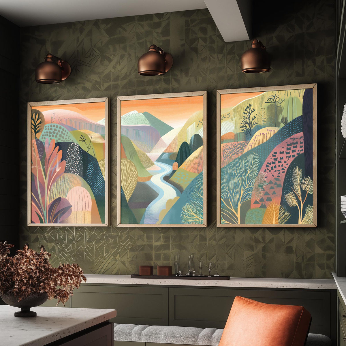 Graphic Landscape Set of Three Art Prints - 3 River Valley Posters - Folk Art Mountain Painting Wall Art Gift Sunset Nature V4