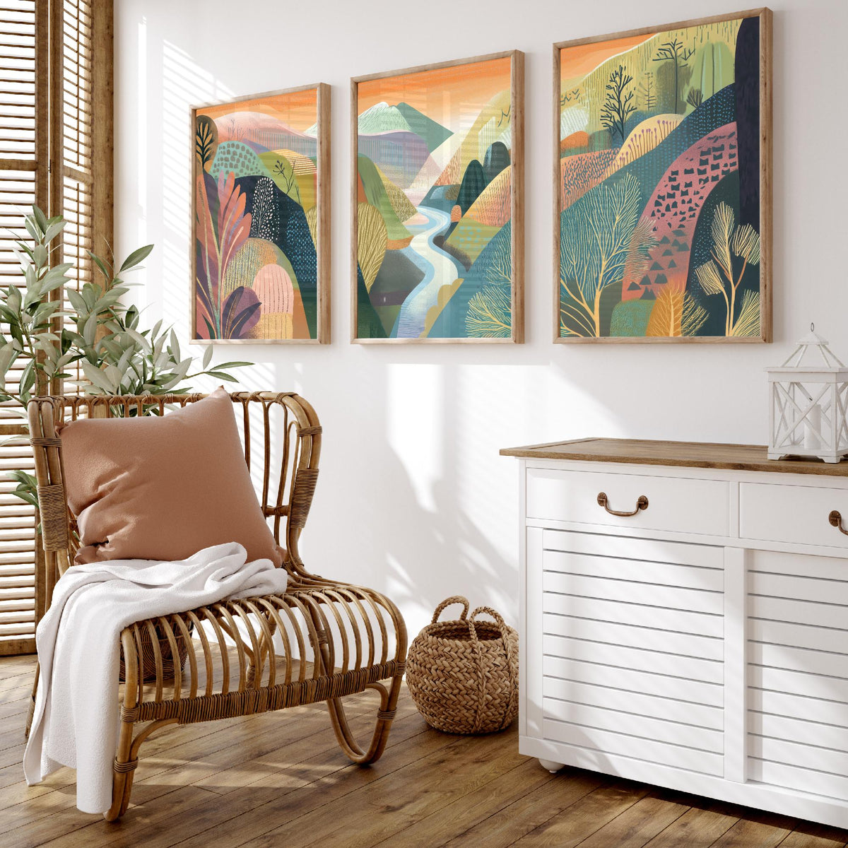 Graphic Landscape Set of Three Art Prints - 3 River Valley Posters - Folk Art Mountain Painting Wall Art Gift Sunset Nature V4