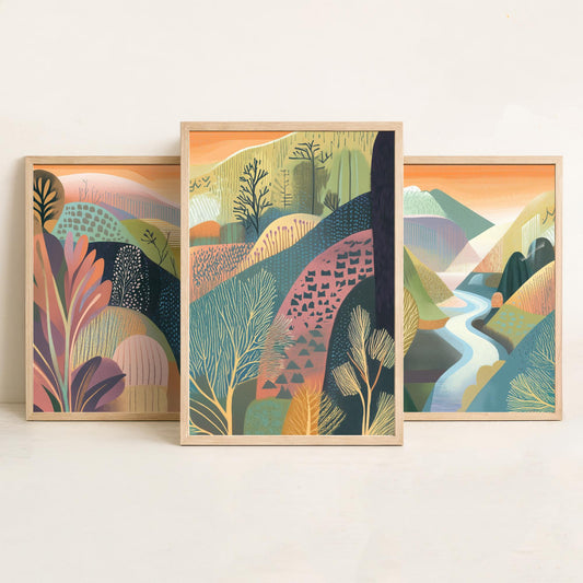 Graphic Landscape Set of Three Art Prints - 3 River Valley Posters - Folk Art Mountain Painting Wall Art Gift Sunset Nature V4