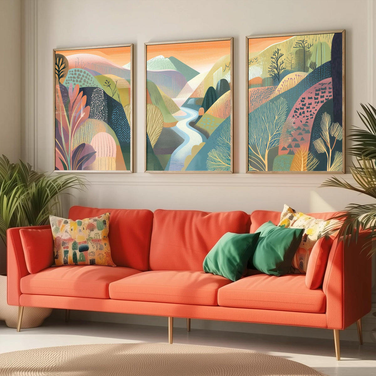 Graphic Landscape Set of Three Art Prints - 3 River Valley Posters - Folk Art Mountain Painting Wall Art Gift Sunset Nature V4