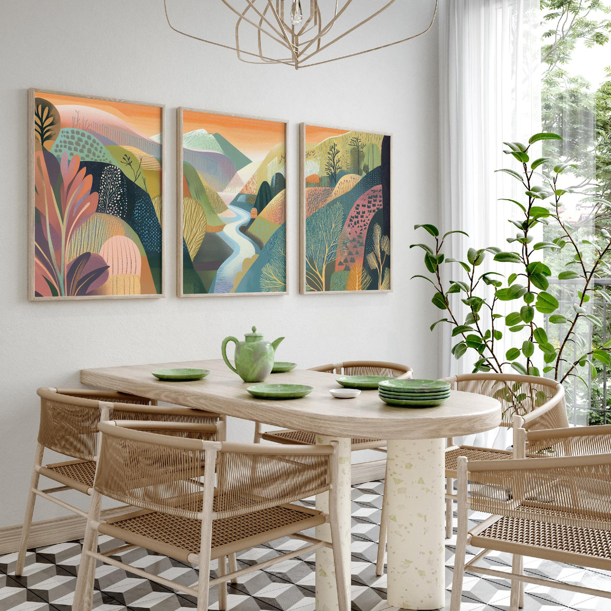 Graphic Landscape Set of Three Art Prints - 3 River Valley Posters - Folk Art Mountain Painting Wall Art Gift Sunset Nature V4