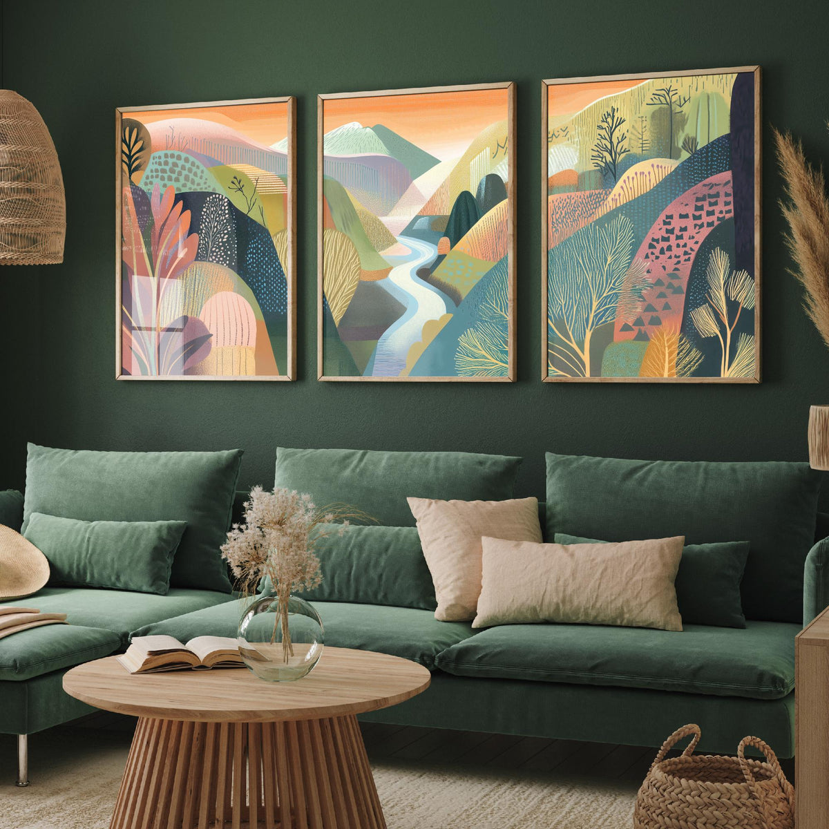 Graphic Landscape Set of Three Art Prints - 3 River Valley Posters - Folk Art Mountain Painting Wall Art Gift Sunset Nature V4