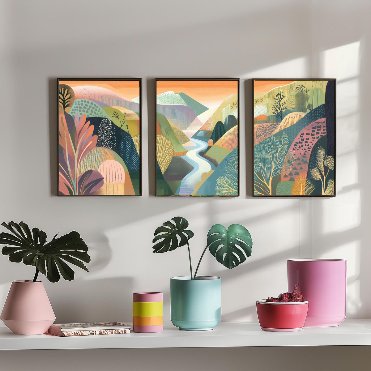 Graphic Landscape Set of Three Art Prints - 3 River Valley Posters - Folk Art Mountain Painting Wall Art Gift Sunset Nature V4