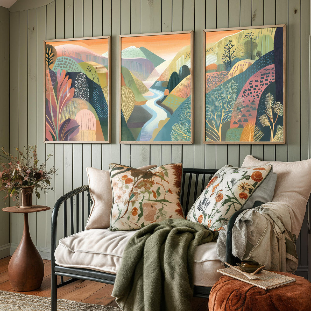Graphic Landscape Set of Three Art Prints - 3 River Valley Posters - Folk Art Mountain Painting Wall Art Gift Sunset Nature V4