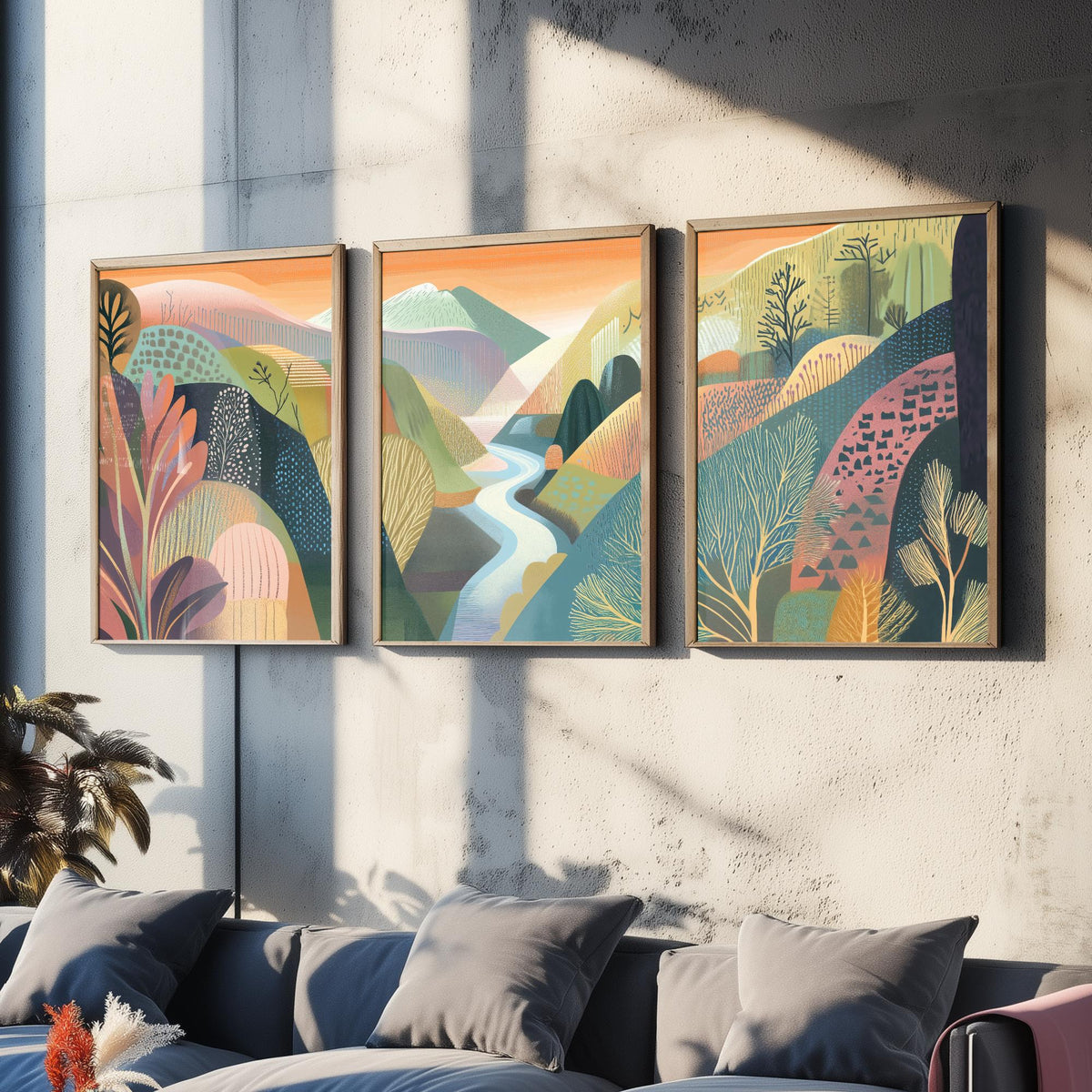 Graphic Landscape Set of Three Art Prints - 3 River Valley Posters - Folk Art Mountain Painting Wall Art Gift Sunset Nature V4
