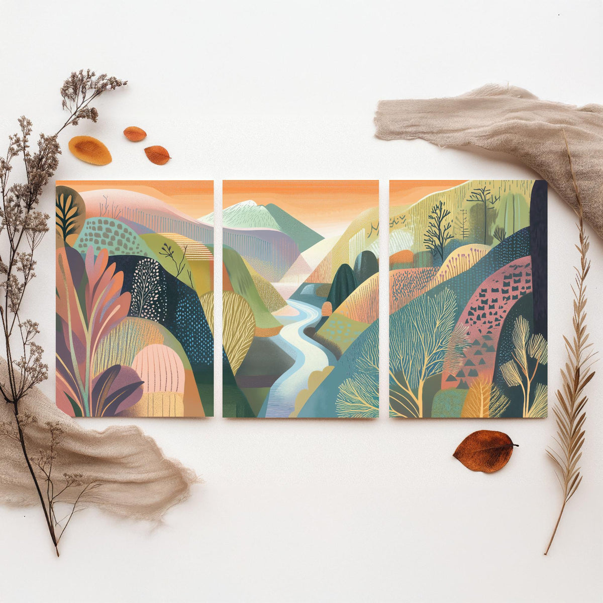 Graphic Landscape Set of Three Art Prints - 3 River Valley Posters - Folk Art Mountain Painting Wall Art Gift Sunset Nature V4