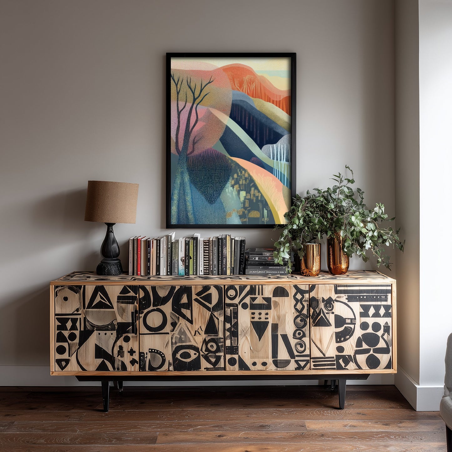 Graphic Landscape Art Print - Warm Sunset Valley Poster - Folk Countryside Illustration - Red Autumn Hills V5 1/3