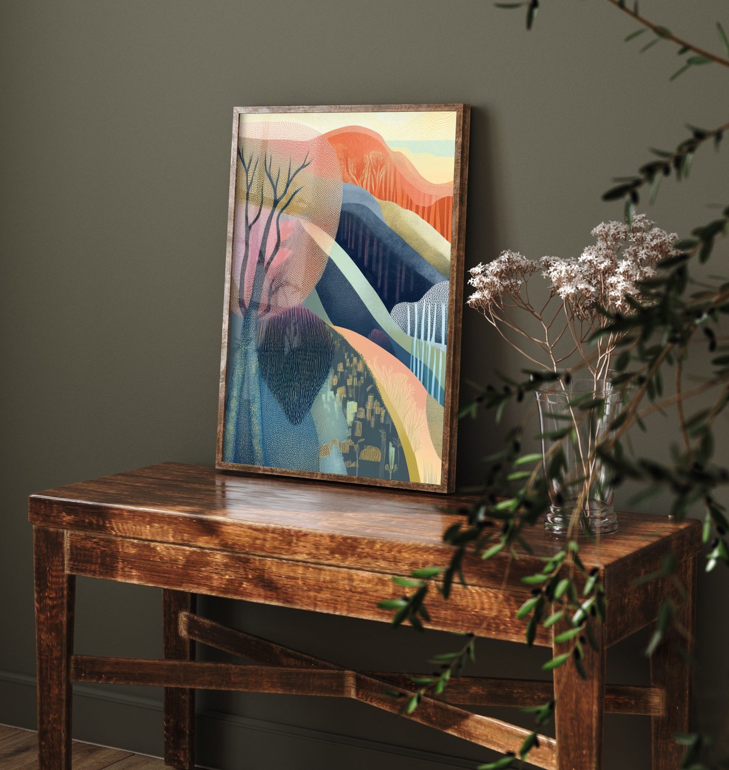 Graphic Landscape Art Print - Warm Sunset Valley Poster - Folk Countryside Illustration - Red Autumn Hills V5 1/3