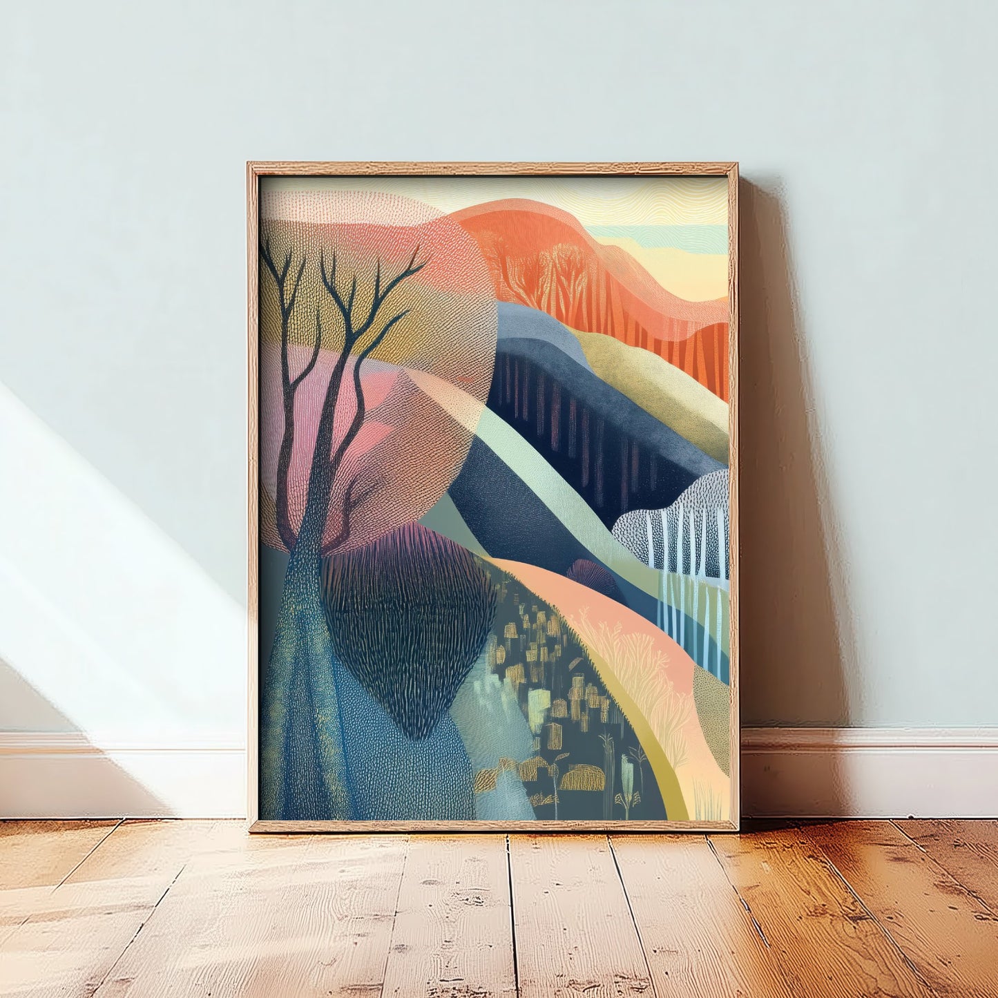 Graphic Landscape Art Print - Warm Sunset Valley Poster - Folk Countryside Illustration - Red Autumn Hills V5 1/3