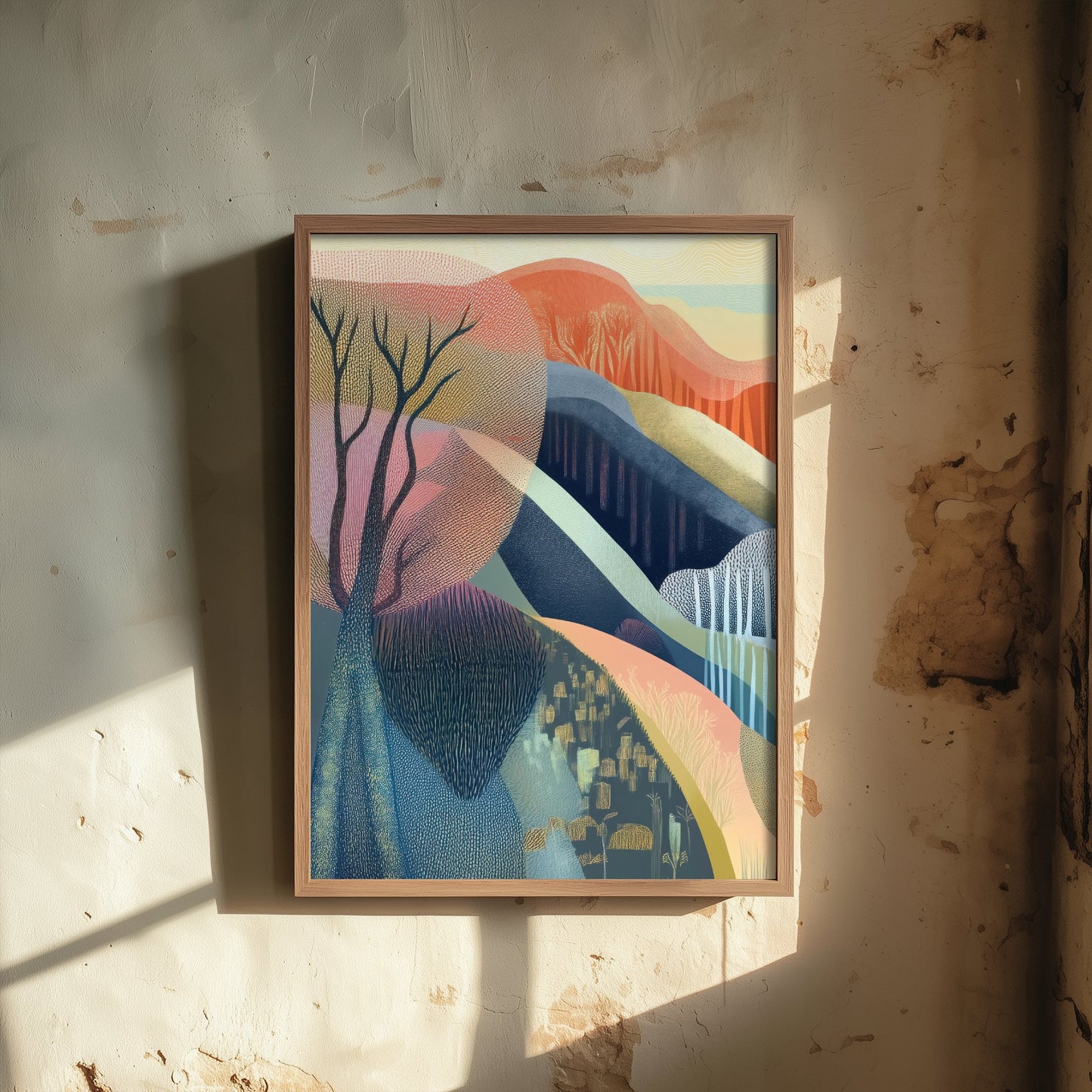 Graphic Landscape Art Print - Warm Sunset Valley Poster - Folk Countryside Illustration - Red Autumn Hills V5 1/3