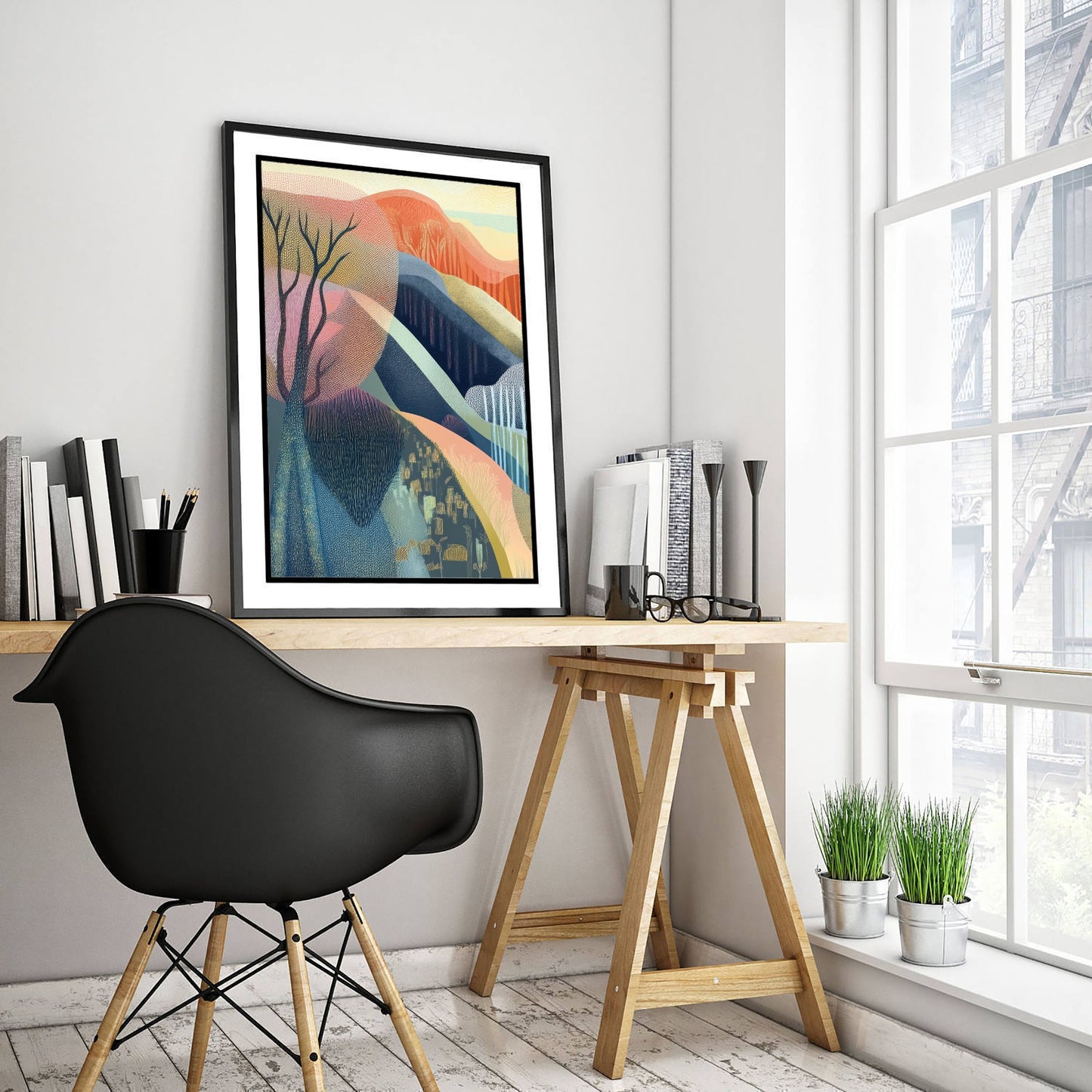 Graphic Landscape Art Print - Warm Sunset Valley Poster - Folk Countryside Illustration - Red Autumn Hills V5 1/3