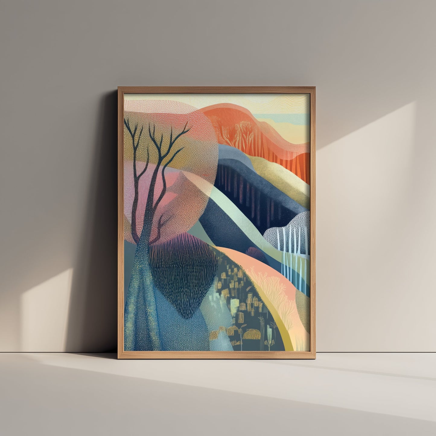 Graphic Landscape Art Print - Warm Sunset Valley Poster - Folk Countryside Illustration - Red Autumn Hills V5 1/3