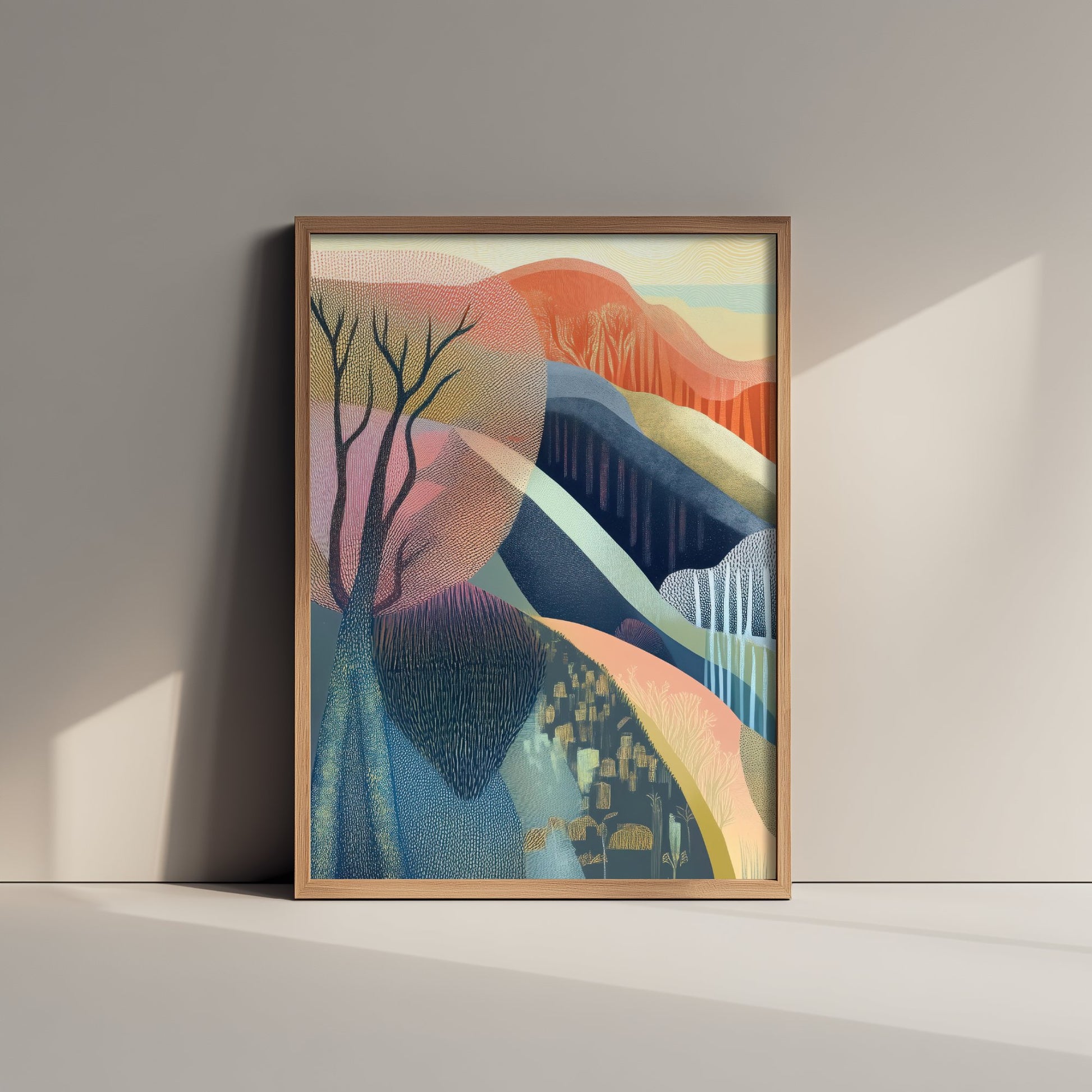 Graphic Landscape Art Print - Warm Sunset Valley Poster - Folk Countryside Illustration - Red Autumn Hills V5 1/3