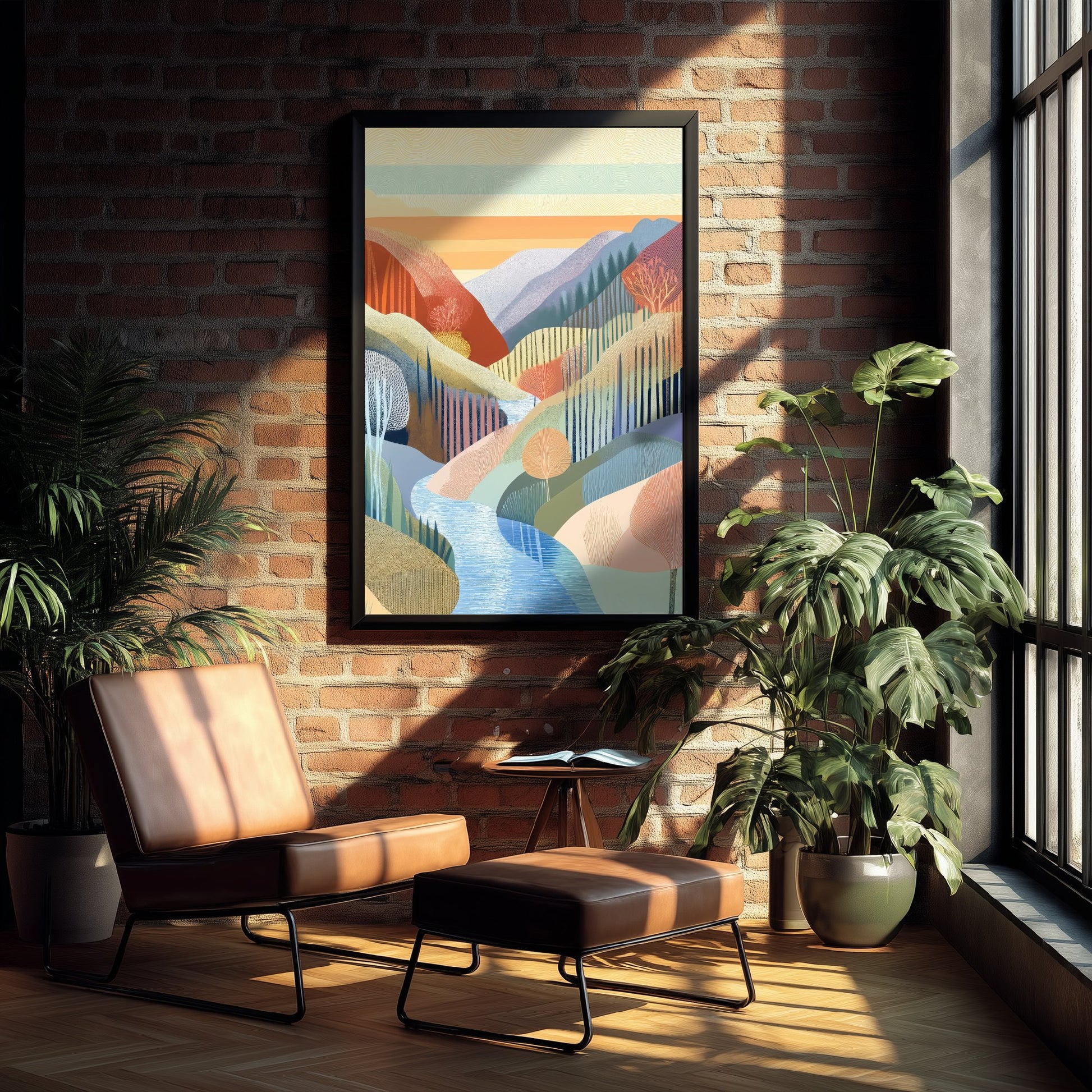 Graphic Landscape Art Print - Warm Sunset Valley Poster - Folk Countryside Illustration - Sunset River V5 2/3