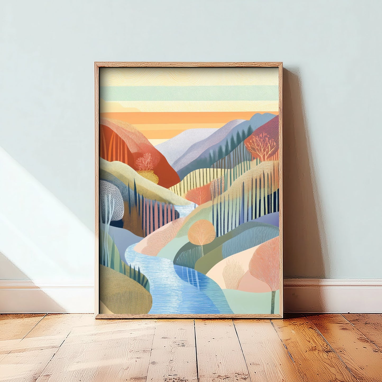 Graphic Landscape Art Print - Warm Sunset Valley Poster - Folk Countryside Illustration - Sunset River V5 2/3