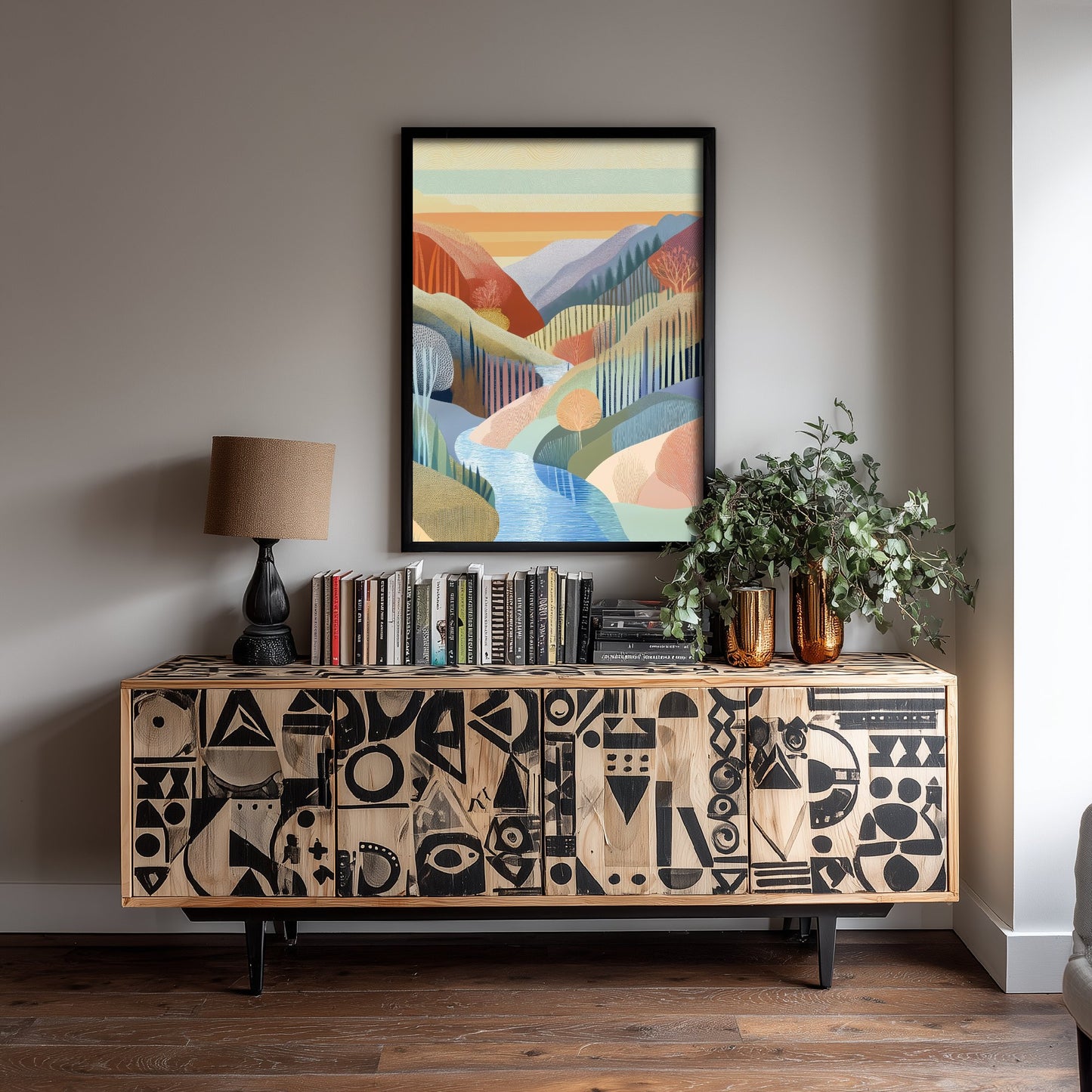 Graphic Landscape Art Print - Warm Sunset Valley Poster - Folk Countryside Illustration - Sunset River V5 2/3