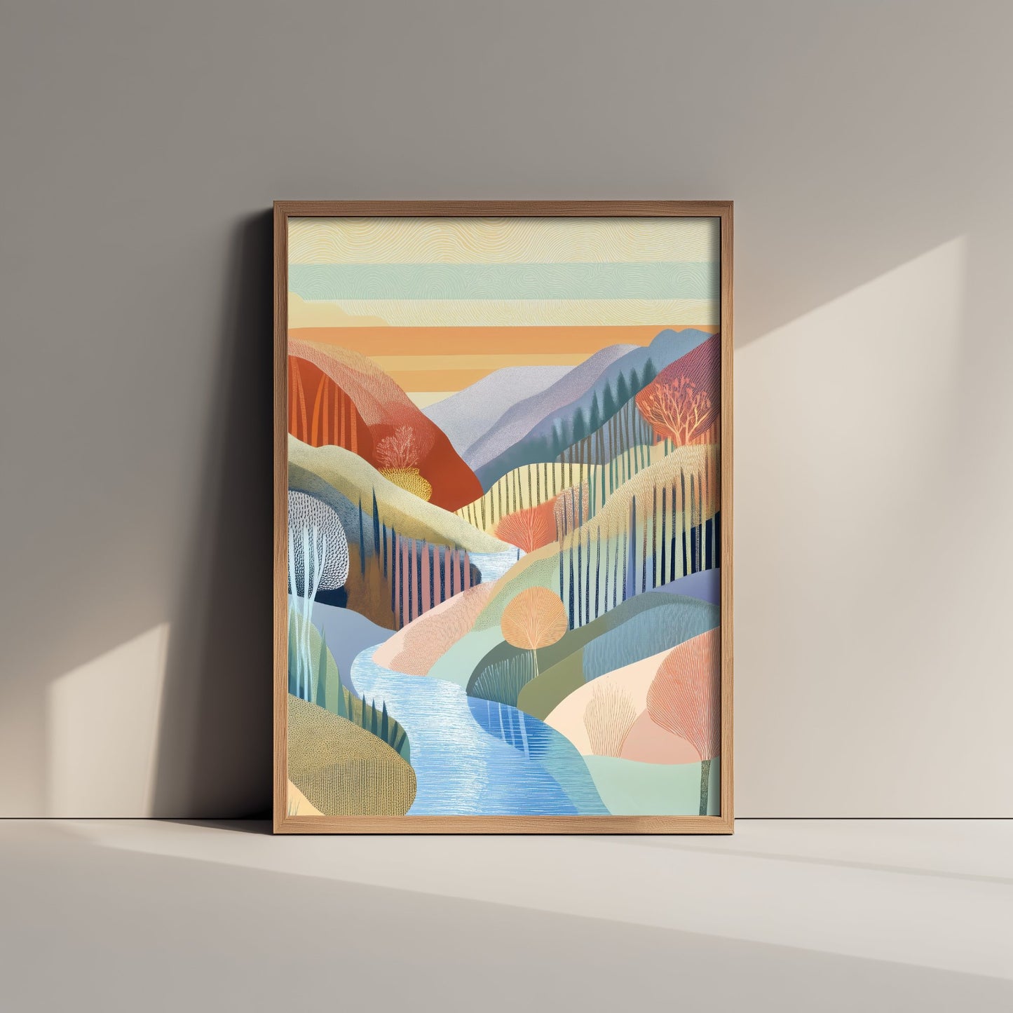 Graphic Landscape Art Print - Warm Sunset Valley Poster - Folk Countryside Illustration - Sunset River V5 2/3
