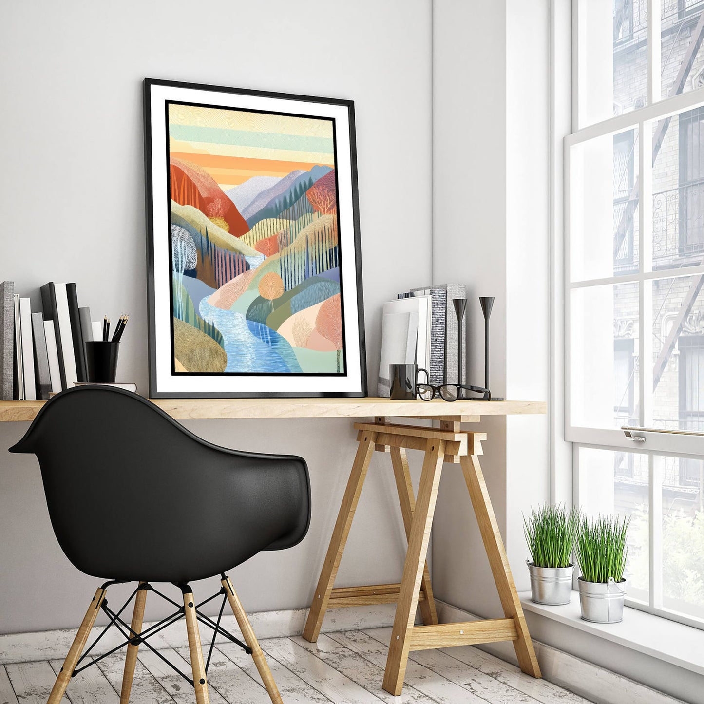 Graphic Landscape Art Print - Warm Sunset Valley Poster - Folk Countryside Illustration - Sunset River V5 2/3
