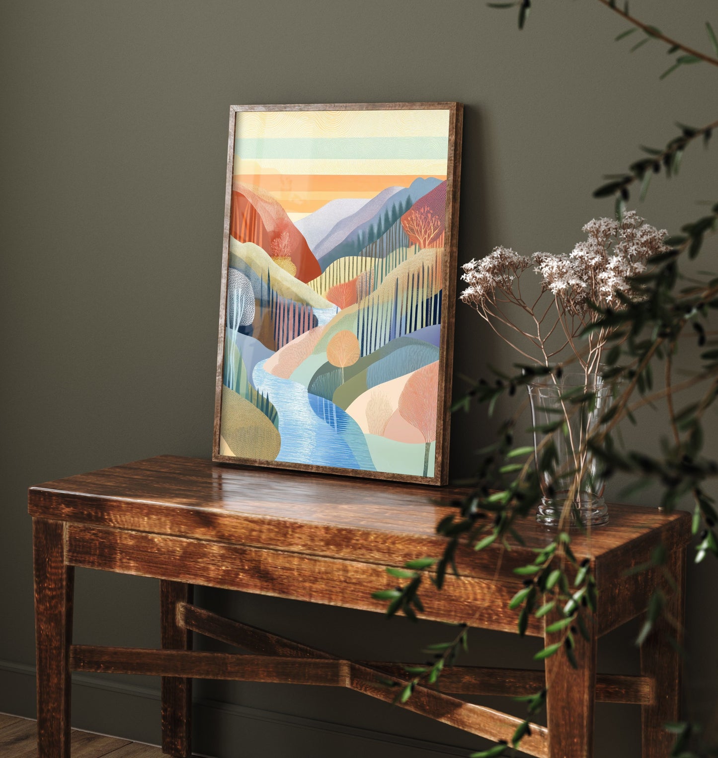 Graphic Landscape Art Print - Warm Sunset Valley Poster - Folk Countryside Illustration - Sunset River V5 2/3