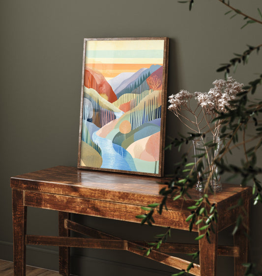 Graphic Landscape Art Print - Warm Sunset Valley Poster - Folk Countryside Illustration - Sunset River V5 2/3