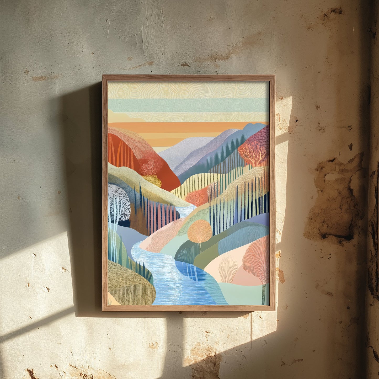 Graphic Landscape Art Print - Warm Sunset Valley Poster - Folk Countryside Illustration - Sunset River V5 2/3