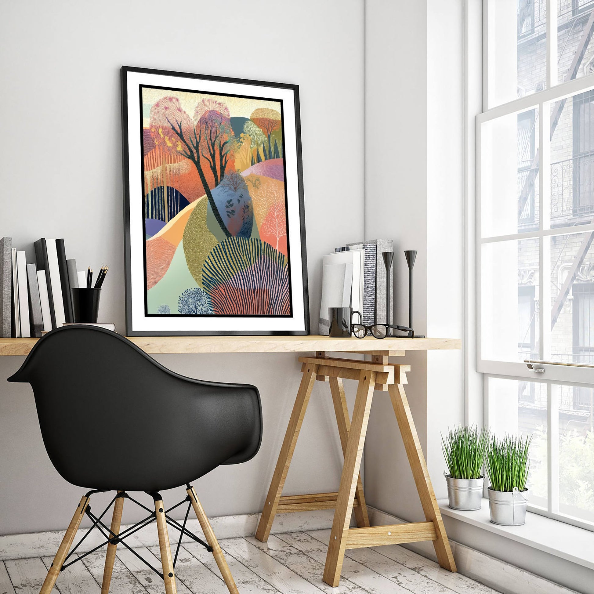 Graphic Landscape Art Print - Warm Sunset Valley Poster - Folk Countryside Illustration - Purple Hills V5 3/3