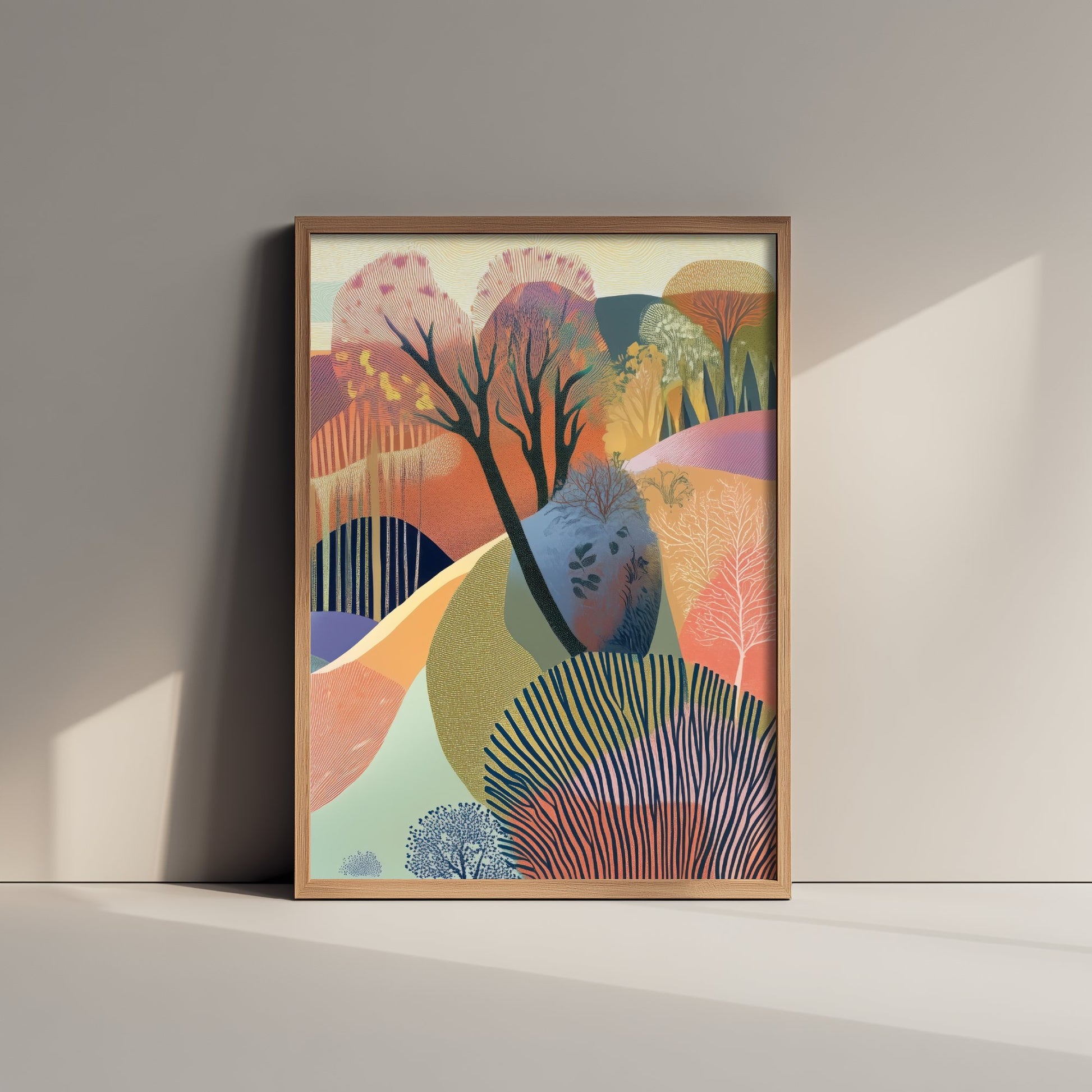 Graphic Landscape Art Print - Warm Sunset Valley Poster - Folk Countryside Illustration - Purple Hills V5 3/3