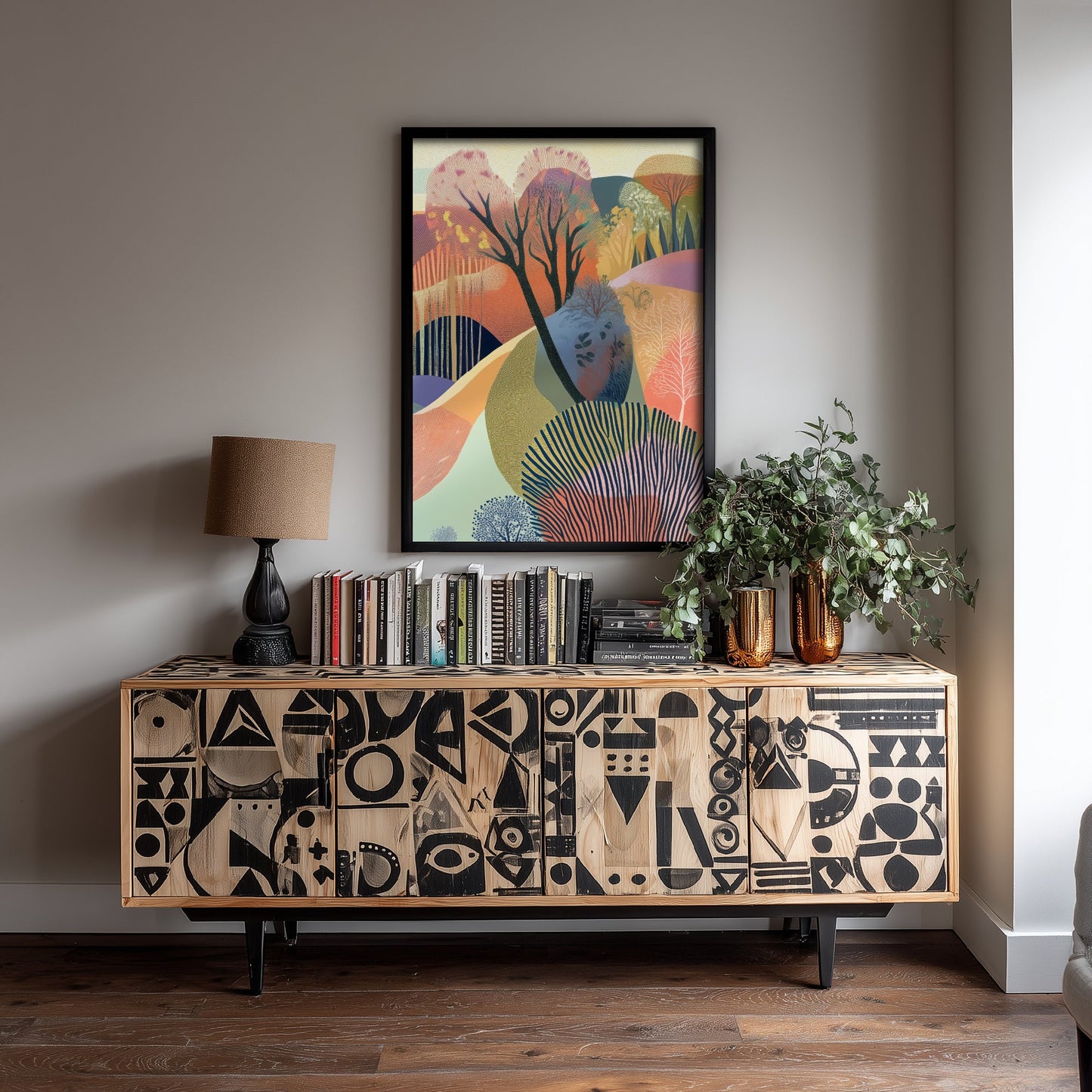 Graphic Landscape Art Print - Warm Sunset Valley Poster - Folk Countryside Illustration - Purple Hills V5 3/3
