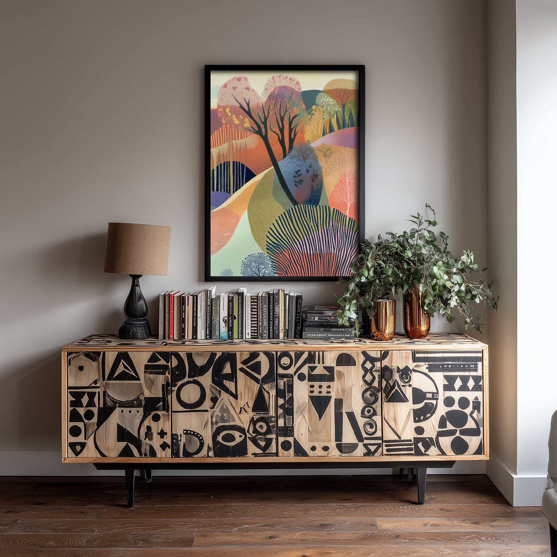 Graphic Landscape Art Print - Warm Sunset Valley Poster - Folk Countryside Illustration - Purple Hills V5 3/3