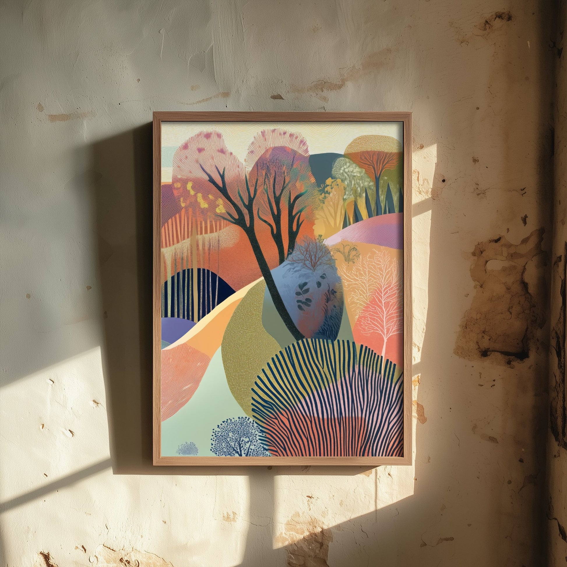 Graphic Landscape Art Print - Warm Sunset Valley Poster - Folk Countryside Illustration - Purple Hills V5 3/3