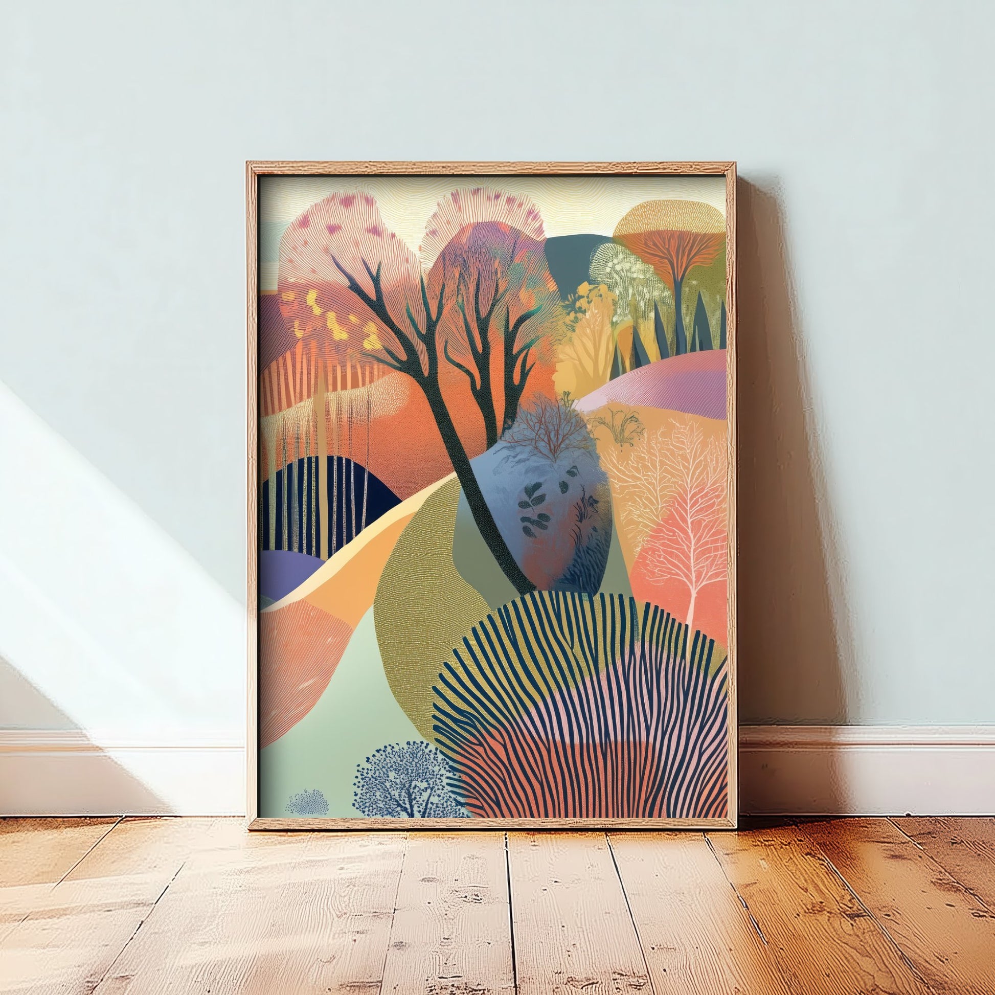 Graphic Landscape Art Print - Warm Sunset Valley Poster - Folk Countryside Illustration - Purple Hills V5 3/3