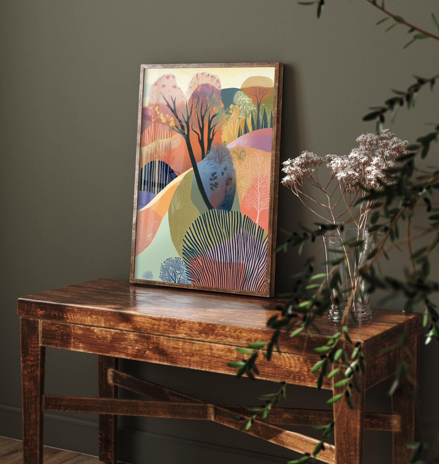 Graphic Landscape Art Print - Warm Sunset Valley Poster - Folk Countryside Illustration - Purple Hills V5 3/3