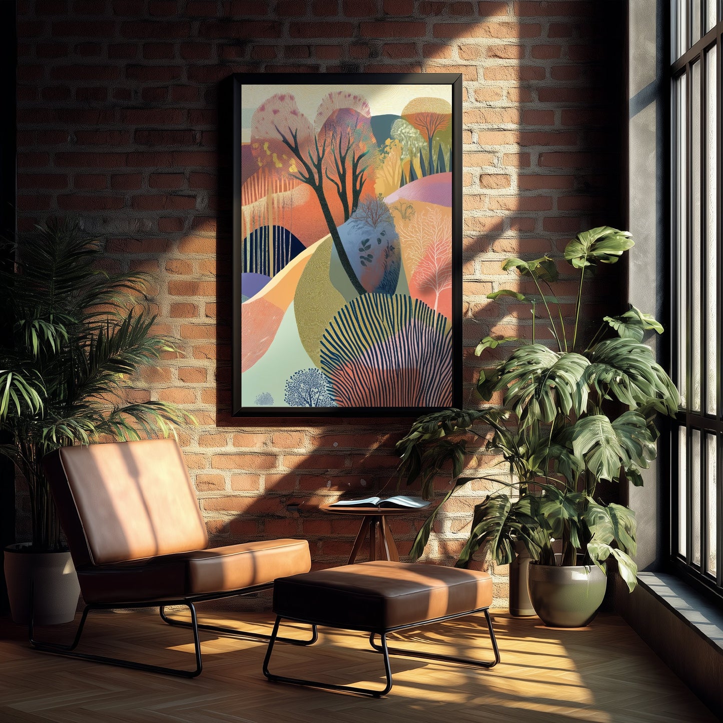 Graphic Landscape Art Print - Warm Sunset Valley Poster - Folk Countryside Illustration - Purple Hills V5 3/3