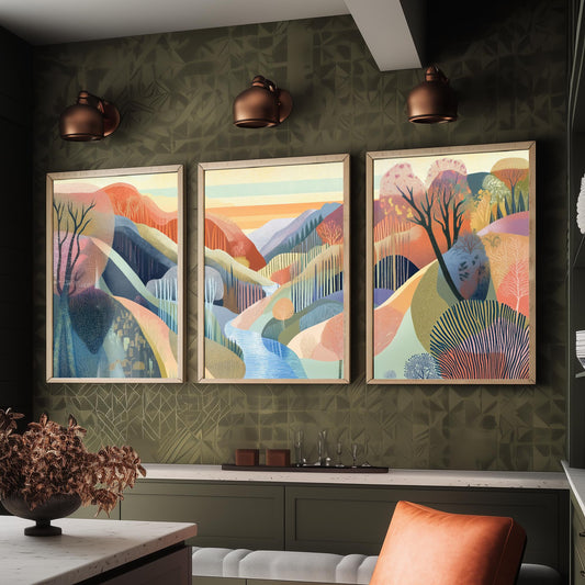 Graphic Landscape Set of Three Art Prints - 3 River Gorge Posters - Folk Art Sunset Painting Wall Art Gift Mountain Nature V5