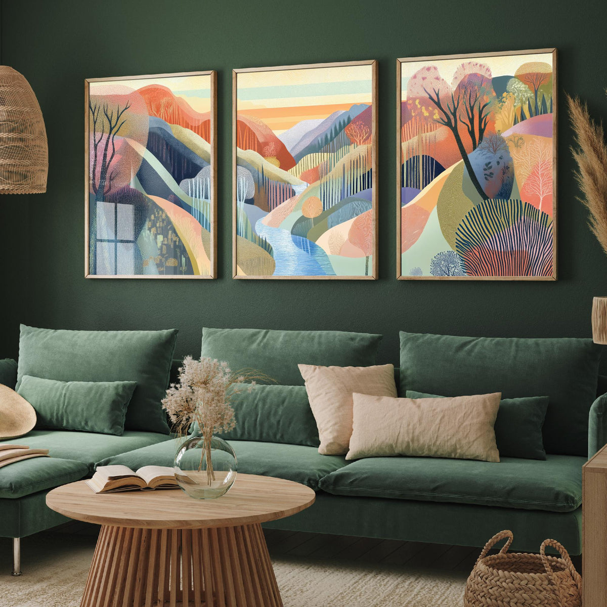 Graphic Landscape Set of Three Art Prints - 3 River Gorge Posters - Folk Art Sunset Painting Wall Art Gift Mountain Nature V5