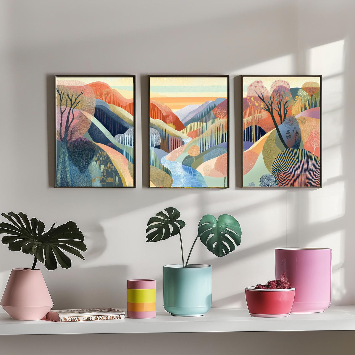 Graphic Landscape Set of Three Art Prints - 3 River Gorge Posters - Folk Art Sunset Painting Wall Art Gift Mountain Nature V5