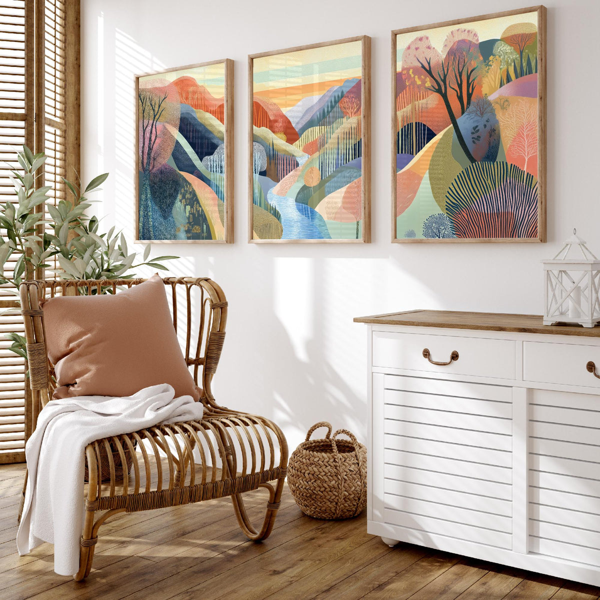 Graphic Landscape Set of Three Art Prints - 3 River Gorge Posters - Folk Art Sunset Painting Wall Art Gift Mountain Nature V5