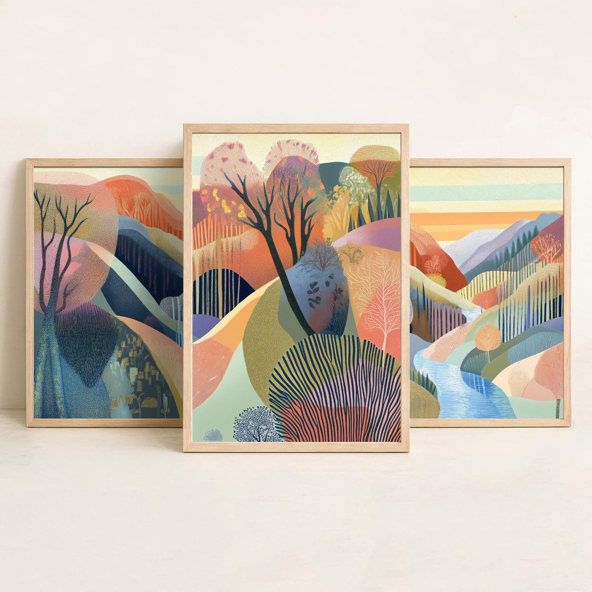 Graphic Landscape Set of Three Art Prints - 3 River Gorge Posters - Folk Art Sunset Painting Wall Art Gift Mountain Nature V5