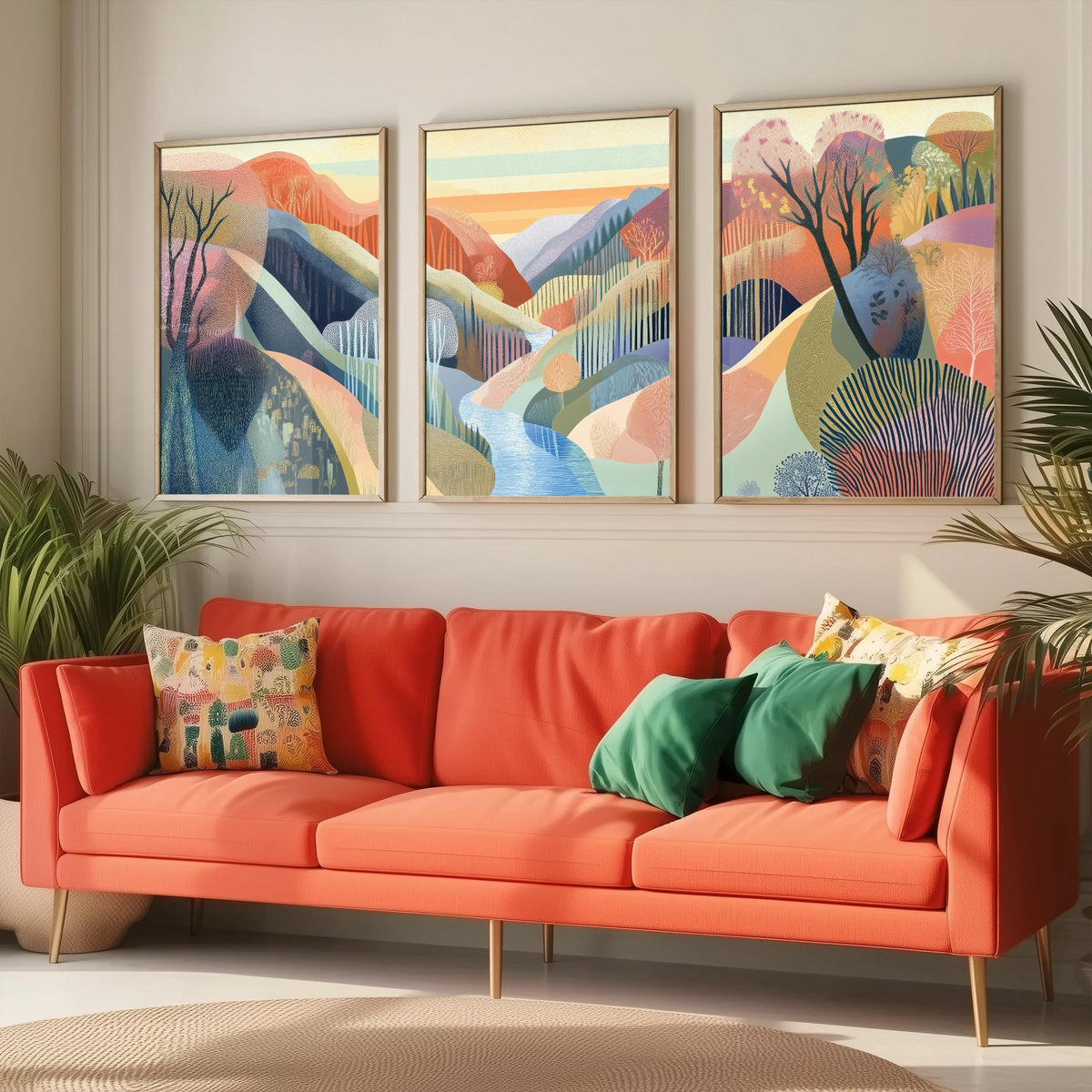 Graphic Landscape Set of Three Art Prints - 3 River Gorge Posters - Folk Art Sunset Painting Wall Art Gift Mountain Nature V5