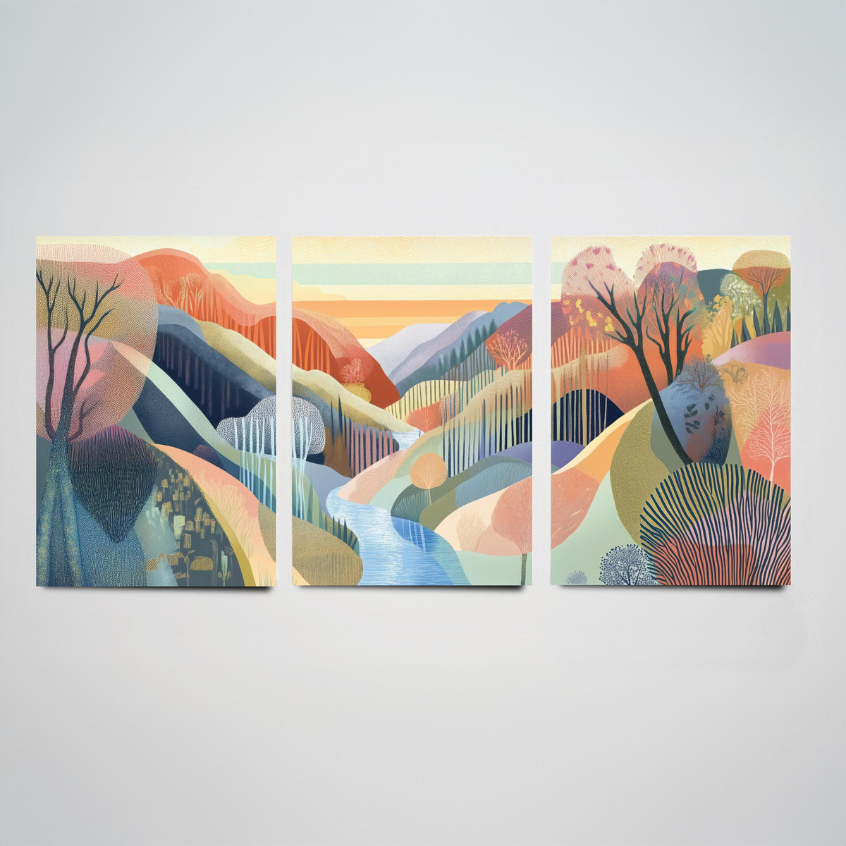 Graphic Landscape Set of Three Art Prints - 3 River Gorge Posters - Folk Art Sunset Painting Wall Art Gift Mountain Nature V5