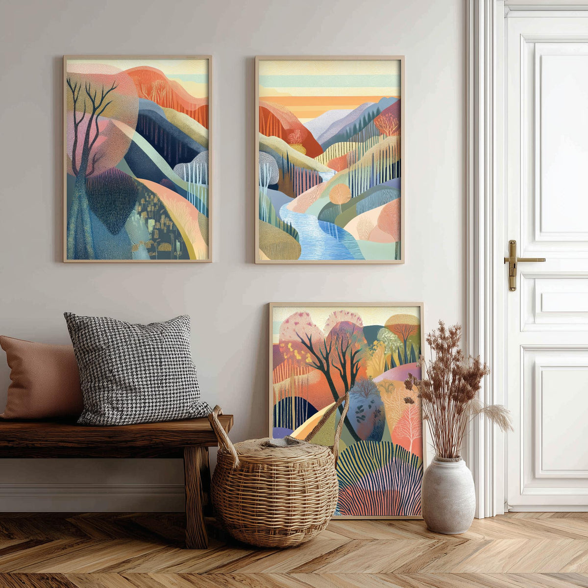 Graphic Landscape Set of Three Art Prints - 3 River Gorge Posters - Folk Art Sunset Painting Wall Art Gift Mountain Nature V5