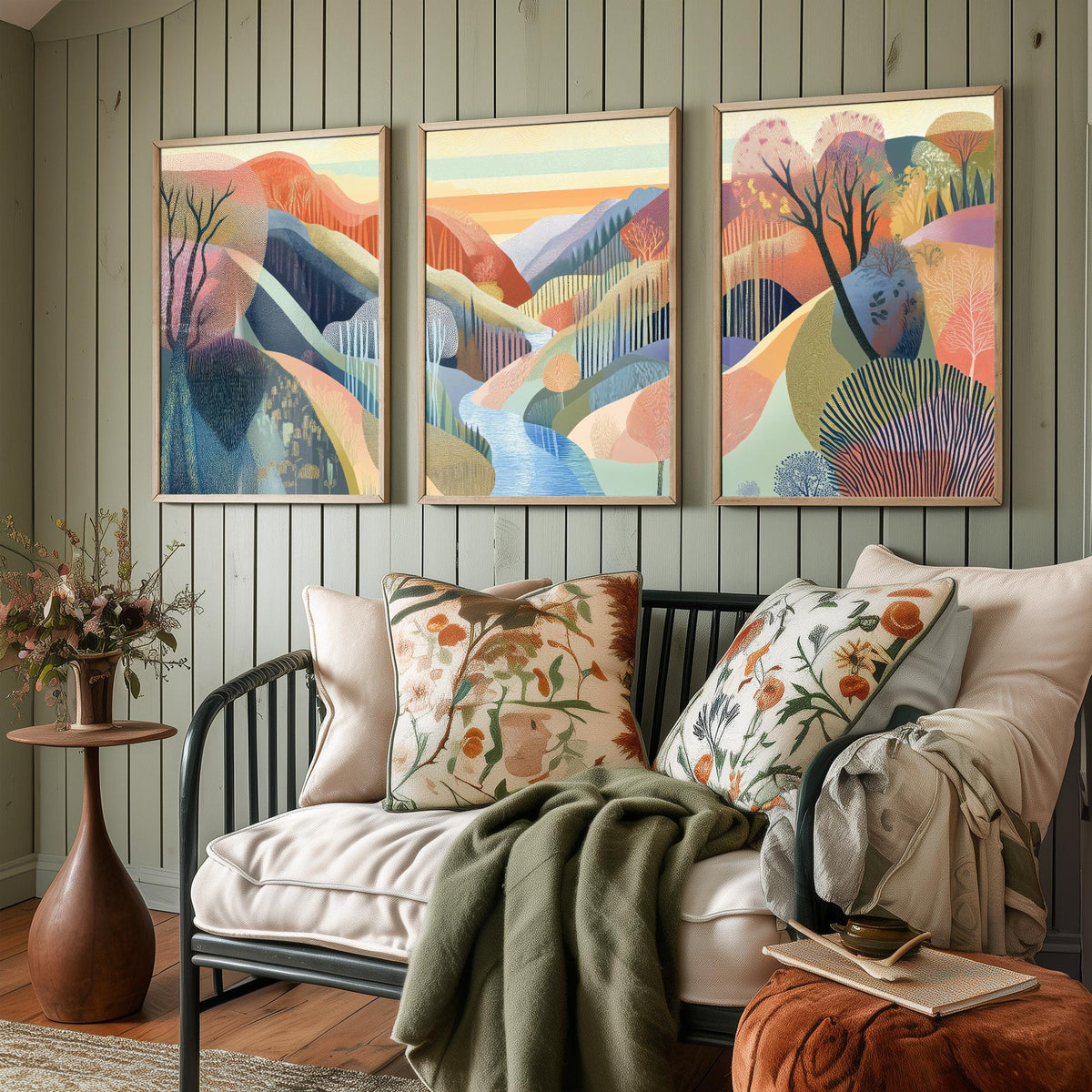 Graphic Landscape Set of Three Art Prints - 3 River Gorge Posters - Folk Art Sunset Painting Wall Art Gift Mountain Nature V5